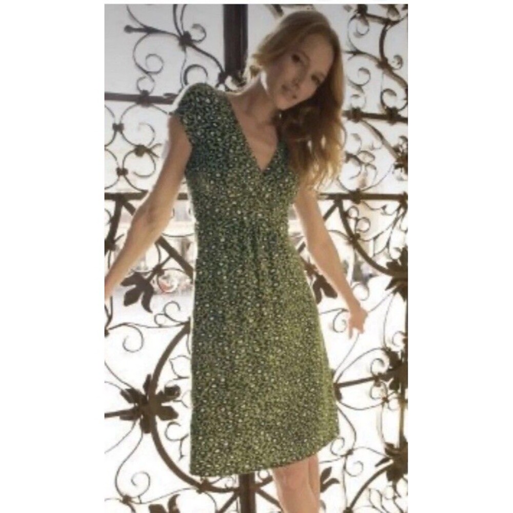 Boden Dress Women 8 Jersey Knit Day Green Babydoll Animal Print Faux Wrap Preppy